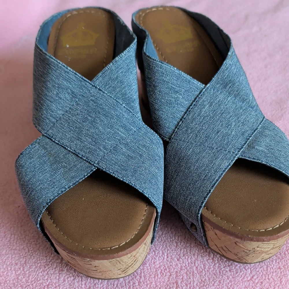 Denim Crossover Cork Wedge Slide Sandals - Blue